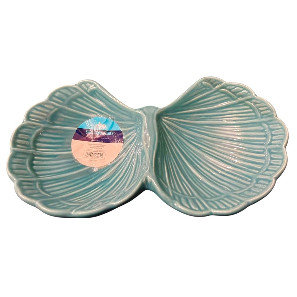 Aqua Shell-Shaped Ceramic Double Diner cat/small dog feeder